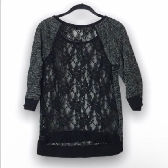 Express Women’s Lace Back Sweatshirt Top Size S Gray Black 3/4 Sleeve Pullover - Picture 3 of 4